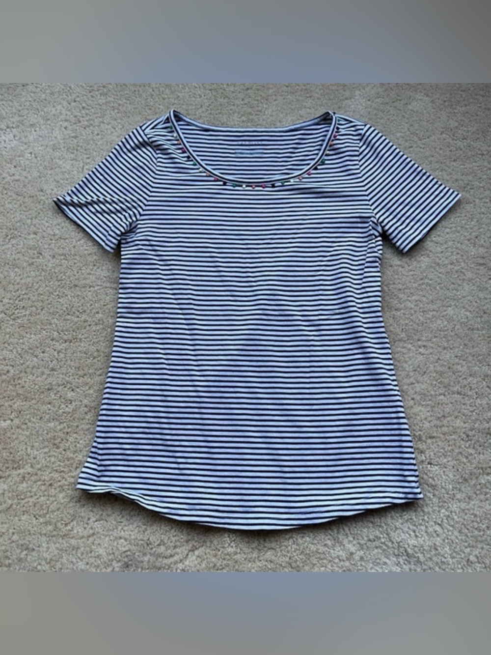 Talbots Black & White Striped T Shirt w/ Rainbow Neckline Trim - Size S - VGUC
